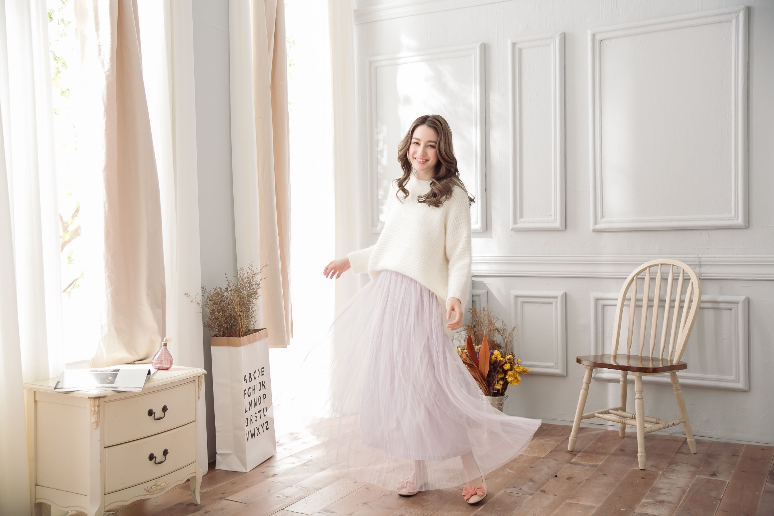 Peachy - 獨家訂製綿柔優雅綁帶百褶紗裙-綁帶百褶版-淺芋灰 (F)