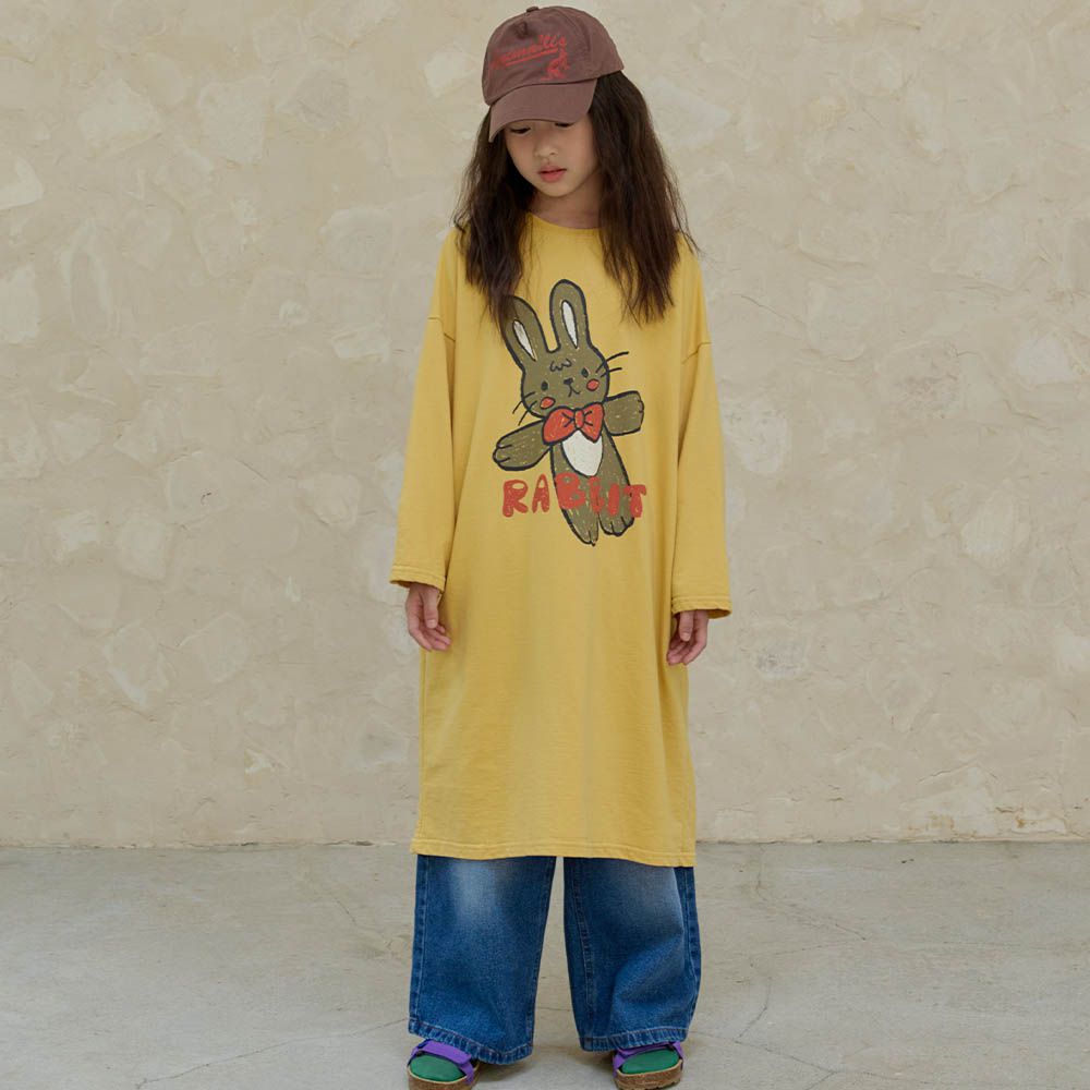 NAVi 兔兔玩偶純棉長袖連身洋裝-芥末黃