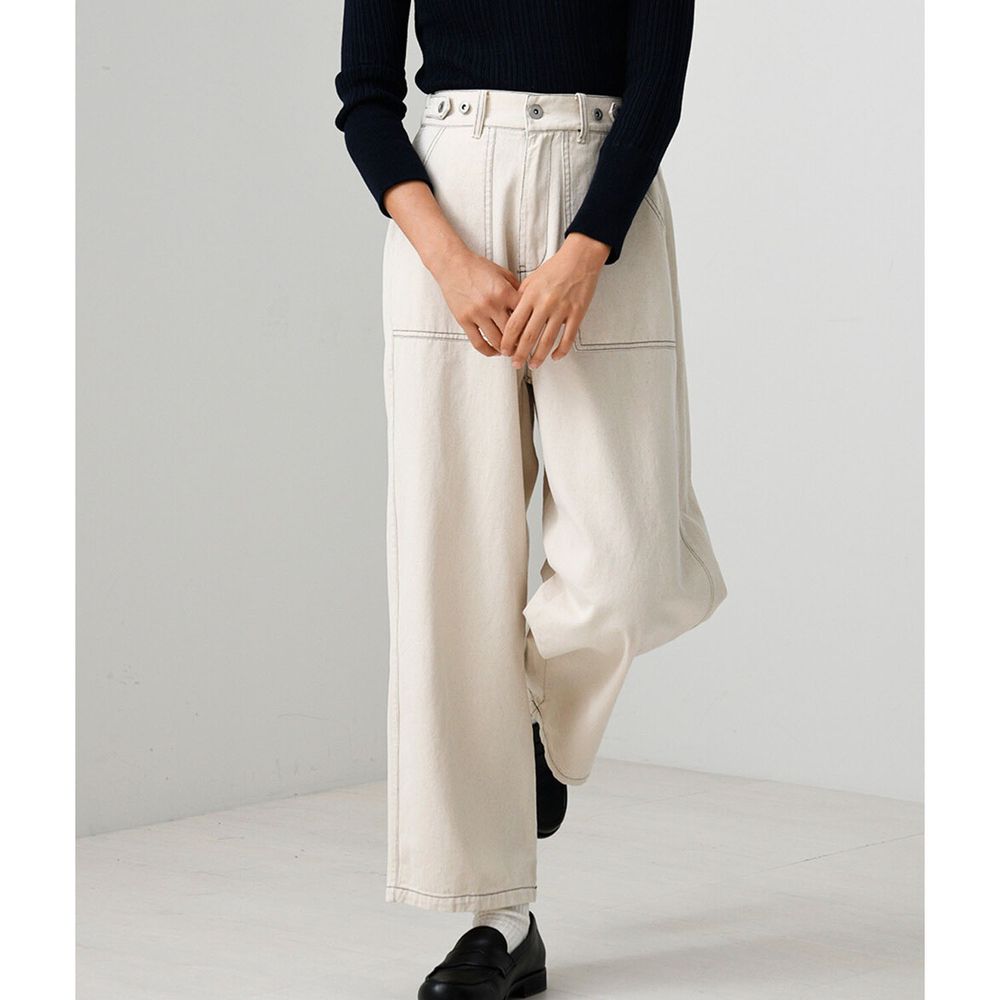 日本 Bou Jeloud - 配色線條柔軟純棉寬褲(可調腰圍)-米
