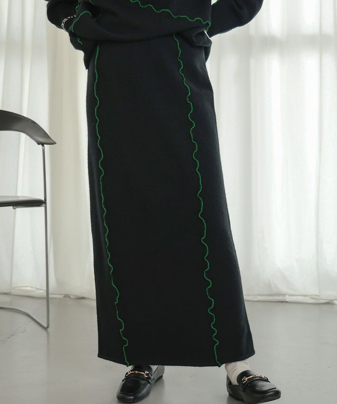 日本 Bab - 不規則狀色滾邊修身長裙-灰x深藍