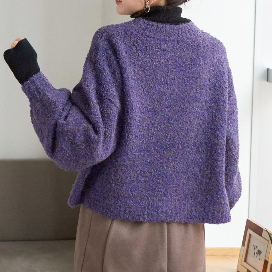 日本 Rejoule - 簡約混絨圓領短版毛衣-葡萄紫