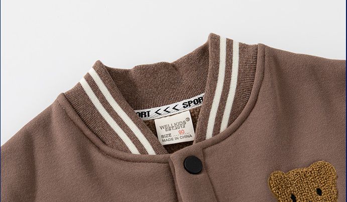 WELLKIDS - 加絨拼色休閒棒球外套-熊熊-咖啡+米白