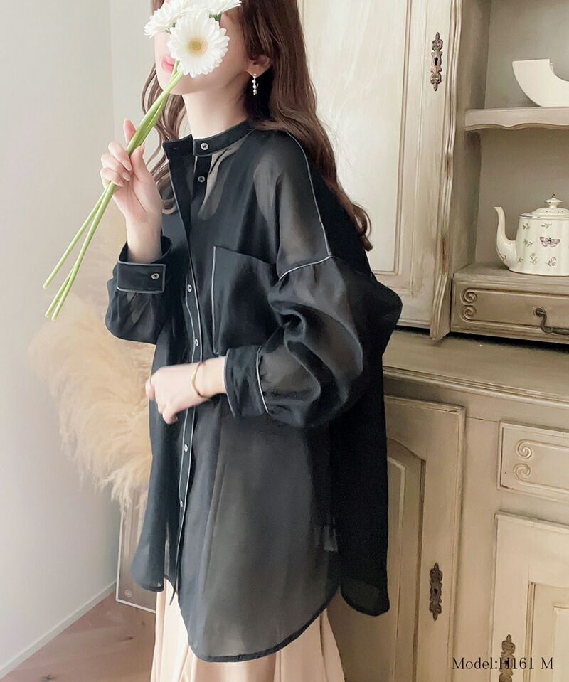 日本 Classical Elf - 優雅滾邊透膚感長袖襯衫-水藍