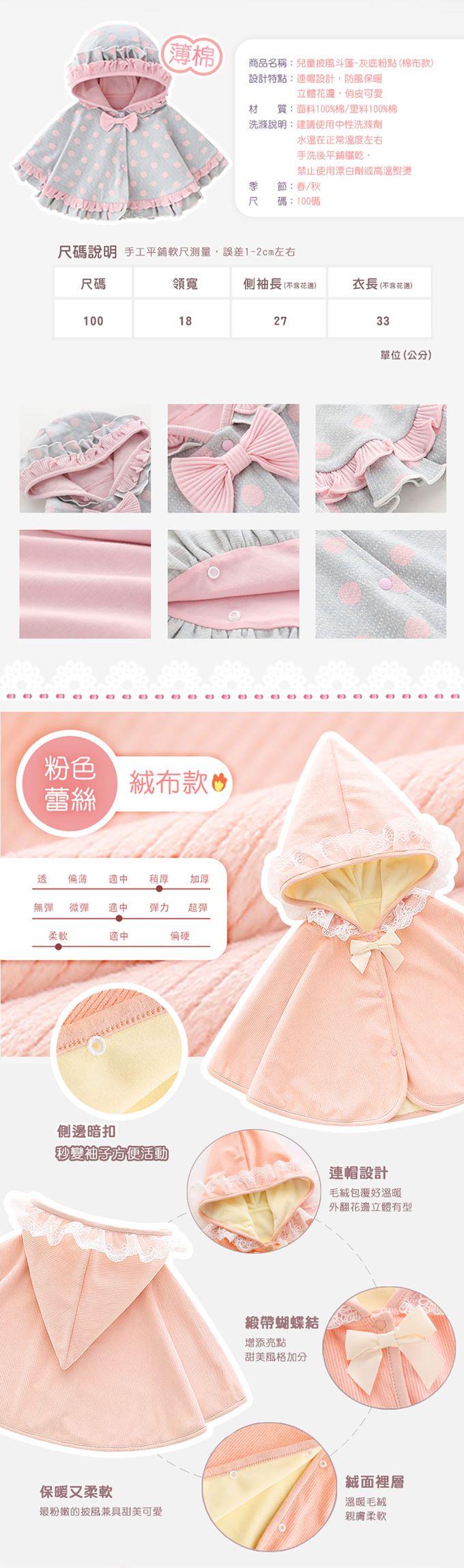 JoyNa - 保暖加絨斗篷 公主風 寶寶披風 加絨/棉布-灰底粉點花邊