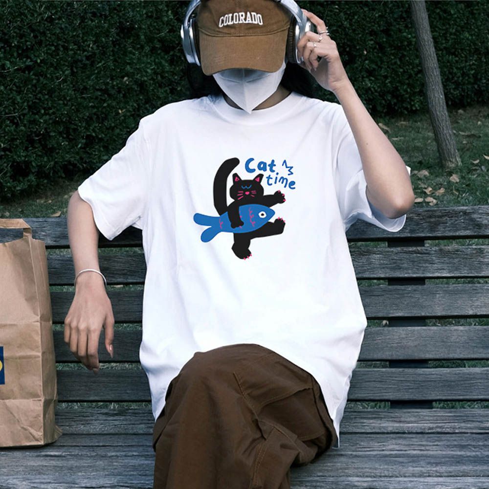 純棉寬版印花T恤-摸魚時間-白色