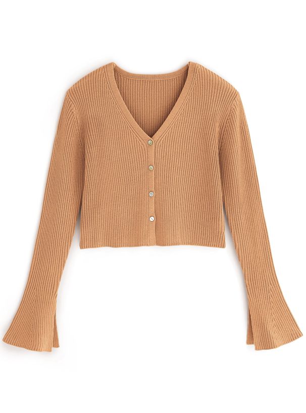 日本 GRL - 早春款V領花朵袖羅紋上衣/薄外套-天使白