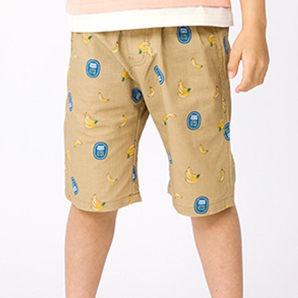 日本 ZOOLAND - 夏日薄款純棉印花大口袋短褲-滿版香蕉-卡其