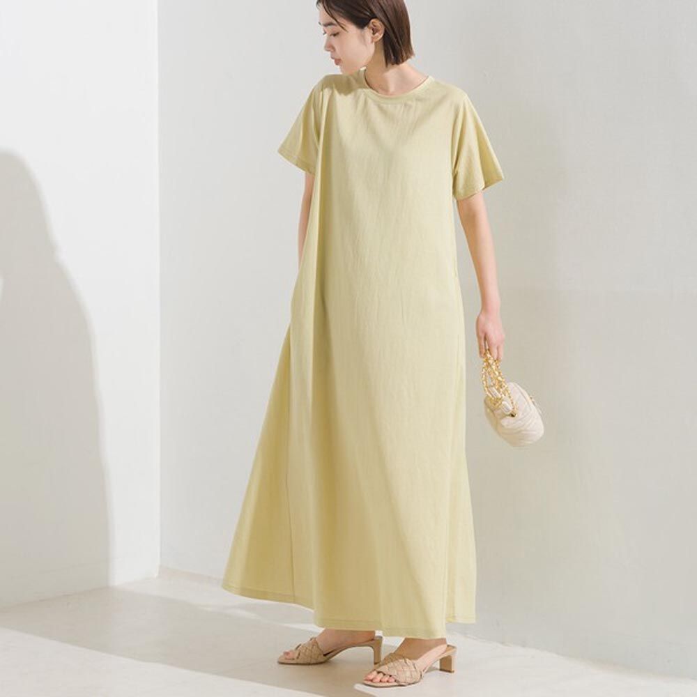 日本 OMNES - 接觸涼感 嫘縈定番圓領短袖洋裝-淺黃