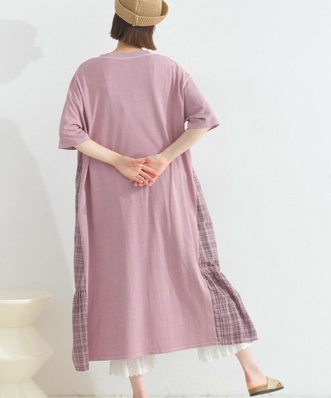 日本 Lupilien - 復古寬鬆格紋拼接短袖洋裝-BETTER-粉紅