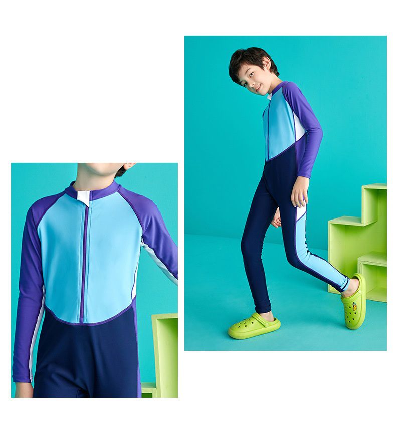 男寶運動風拼色連身長袖泳衣-深藍+淺藍+紫