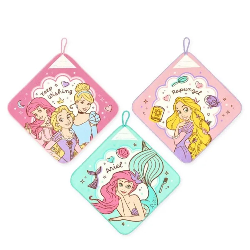 純棉可吊掛上學擦手巾/手帕(3入組)-卡通人物公主們-紅綠系 (27×27cm)
