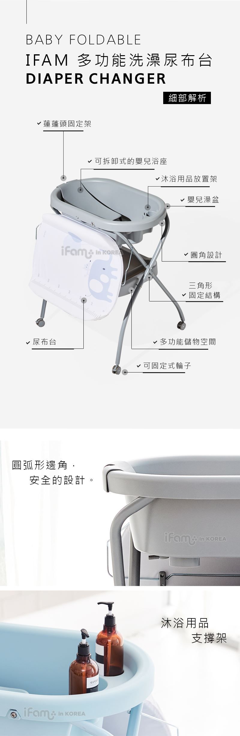 韓國 iFam - 多功能洗澡尿布台-灰色