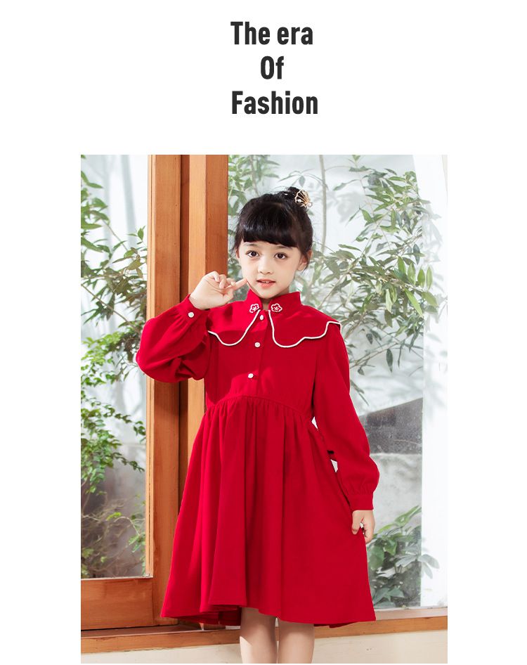 娃娃領燈芯絨長袖洋裝-卡其色