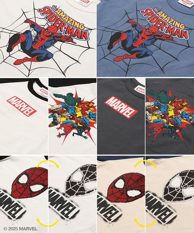 日本 Chil2 - 聯名款  100%棉印花短袖上衣-超級英雄蜘蛛人(變色亮片)-杏x深藍