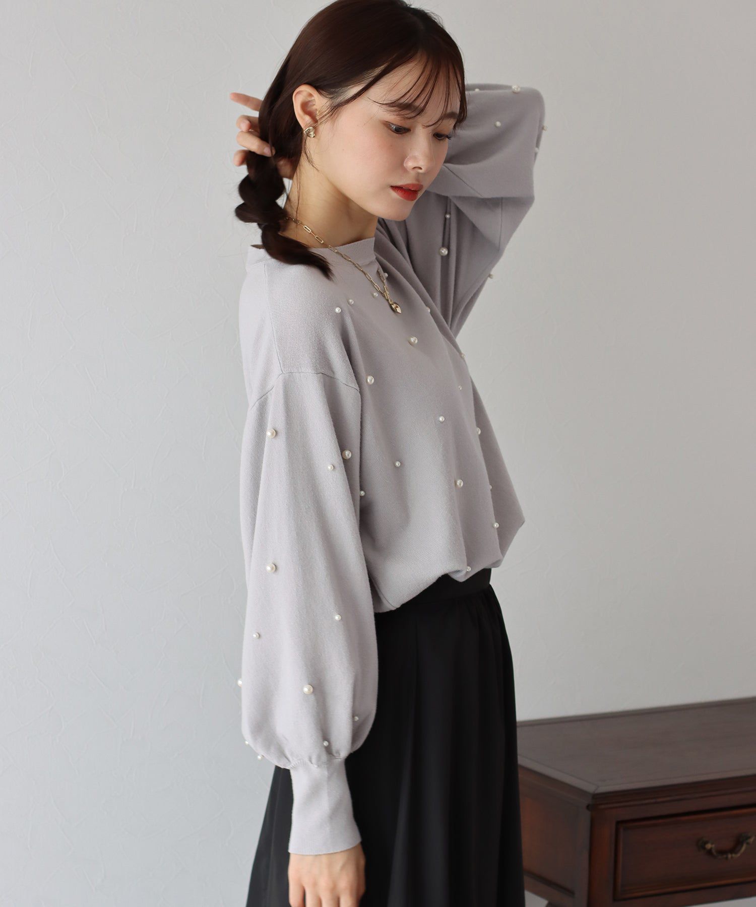 日本 BLUE EAST - 氣球袖珍珠注目針織上衣-粉紅