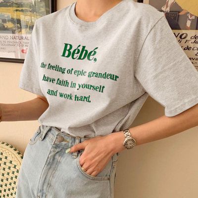 日本 GRL - 棉混百搭印花短袖上衣-Bebe-燕麥 (F)