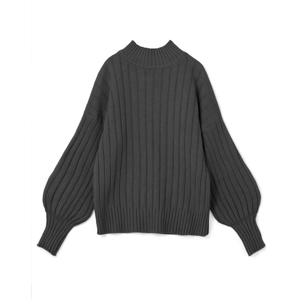 日本 GRL - 坑條紋澎袖小高領針織毛衣-黑