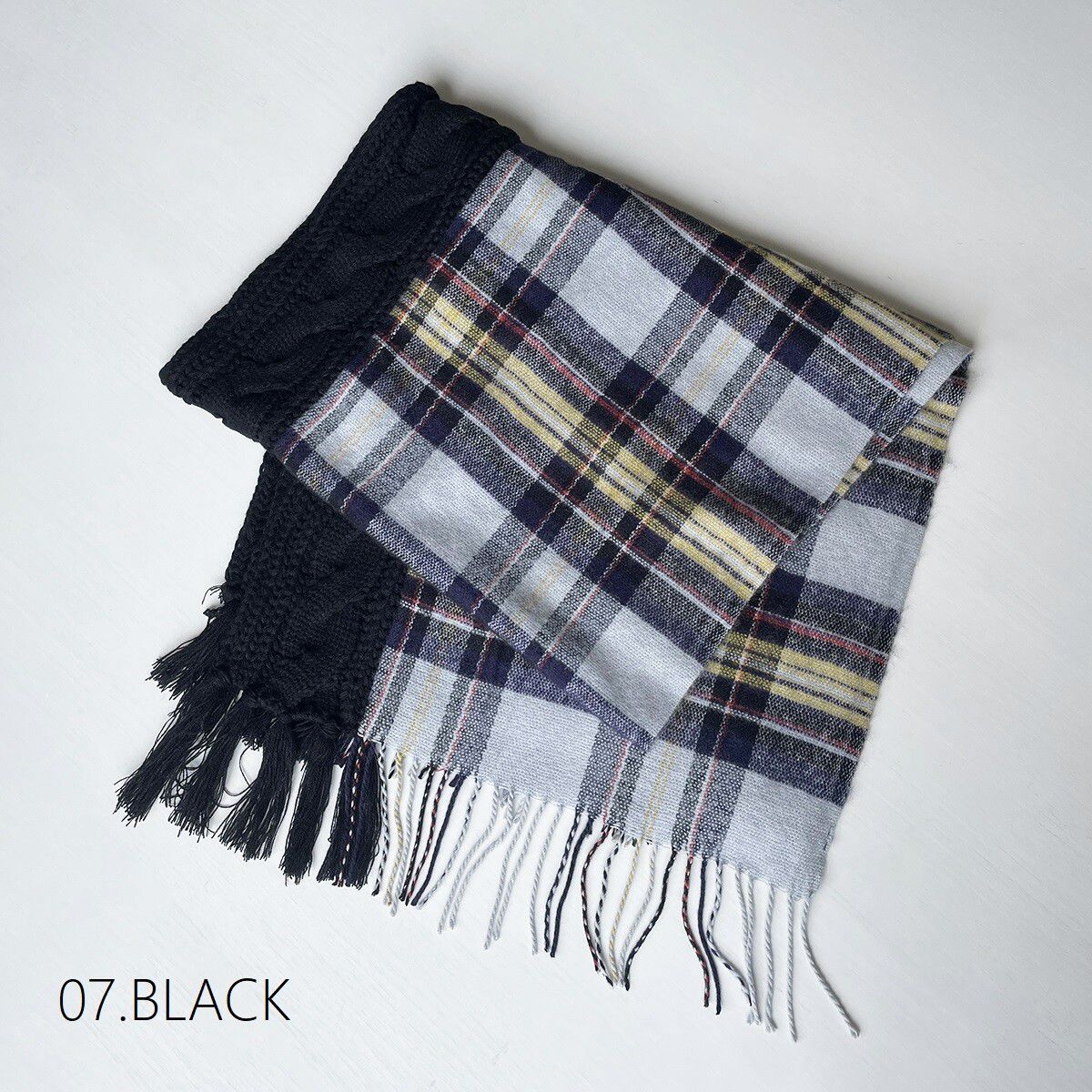 日本 jou jou lier - 格紋X針織拼接圍巾-85 深藍紅 (53x170cm)