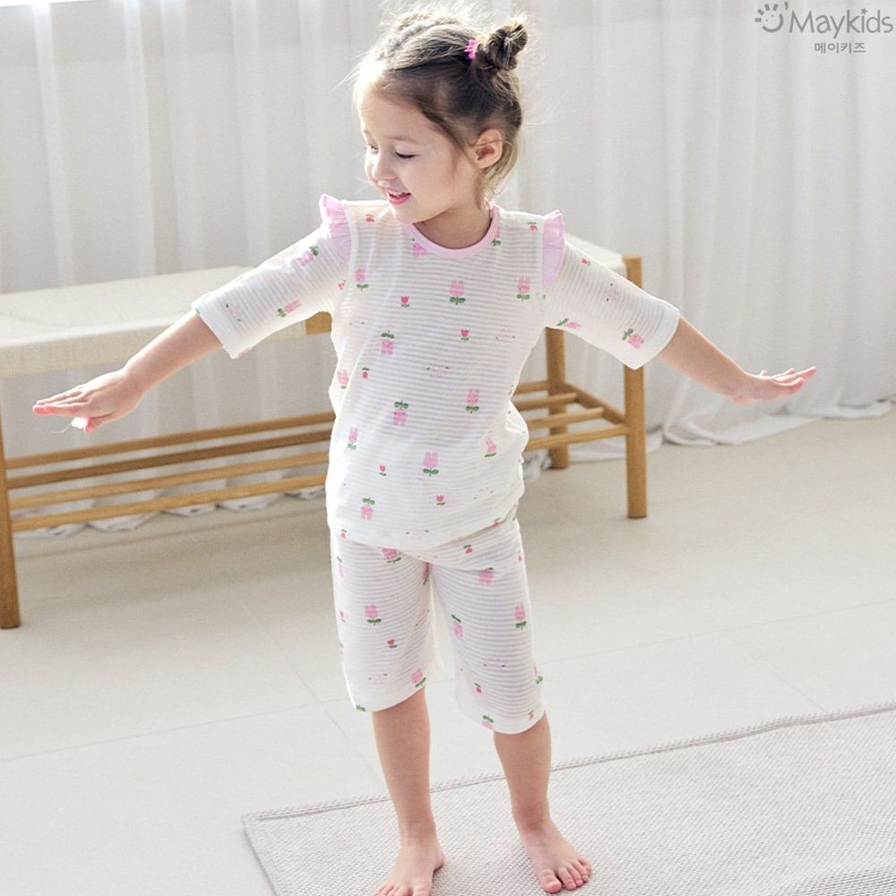 輕薄細柔棉七分袖家居服-兔兔鬱金香-米X粉