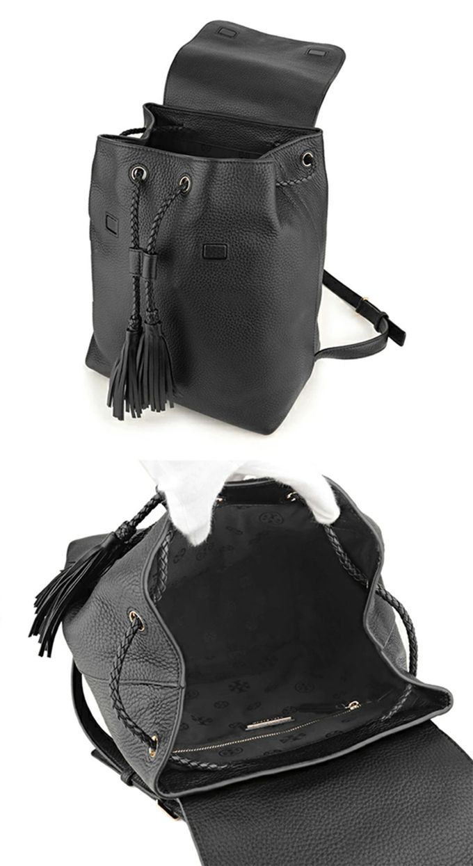 TORY BURCH - 流蘇素面皮革後背包 (黑)