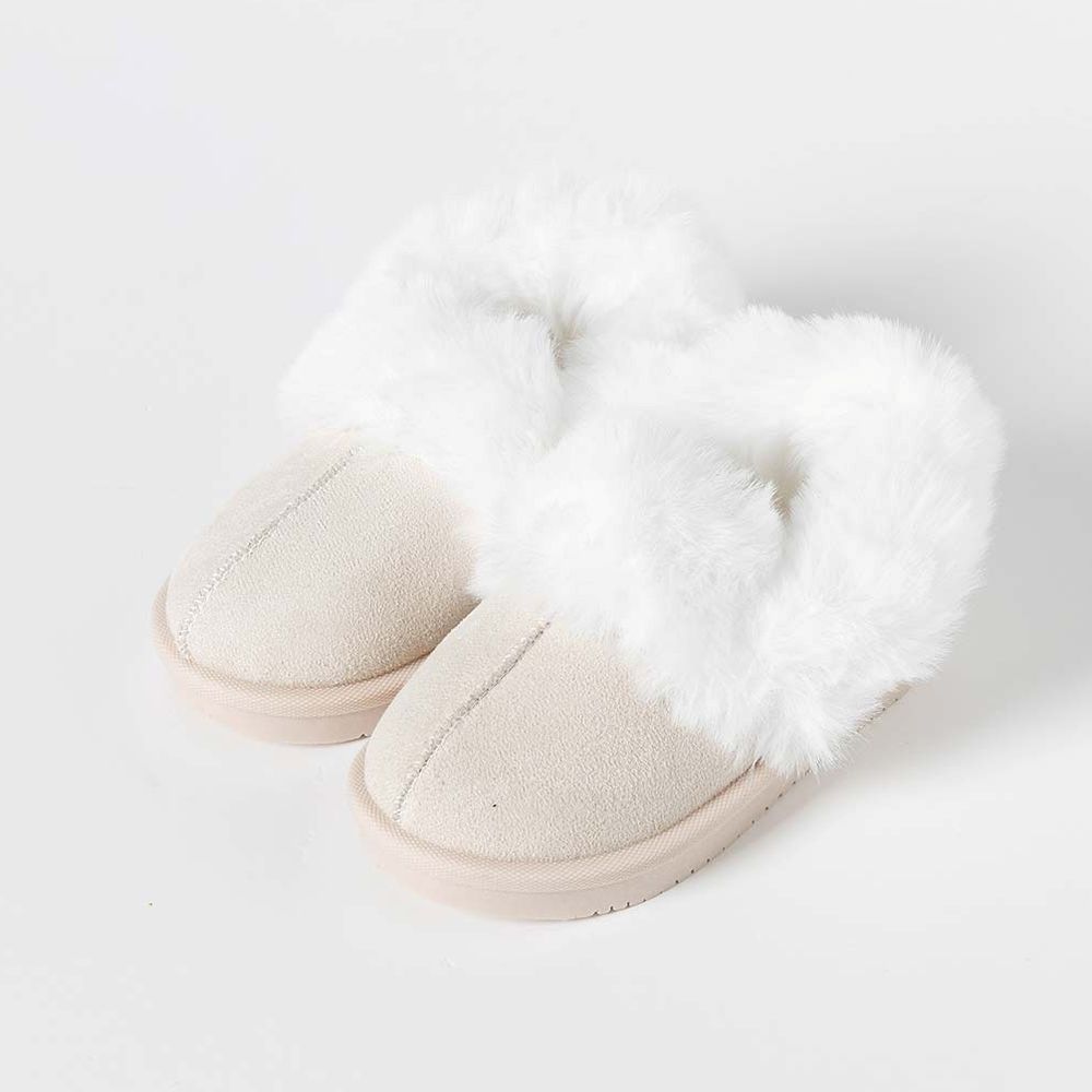 保暖毛絨防滑底鬆緊帶懶人拖鞋-象牙白