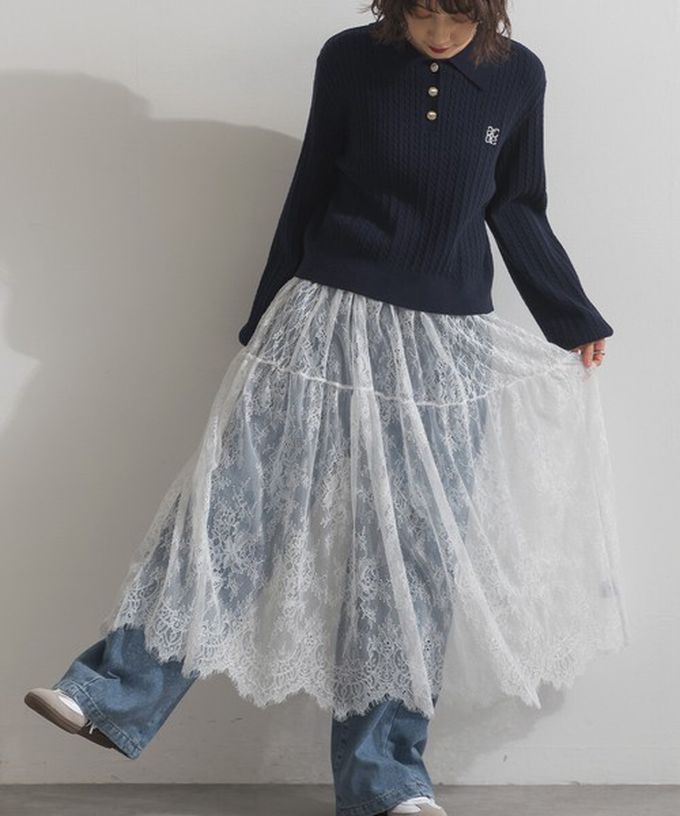 日本 ELENCARE DUE - 奢華睫毛蕾絲飄逸長裙(2件式)-白