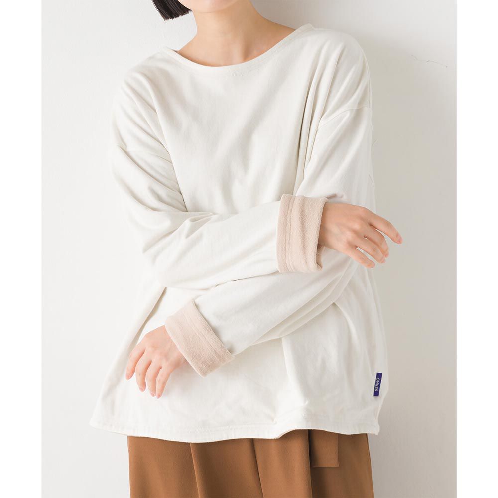 日本 OMNES - 100%棉 圓領撞色長袖上衣-白x杏