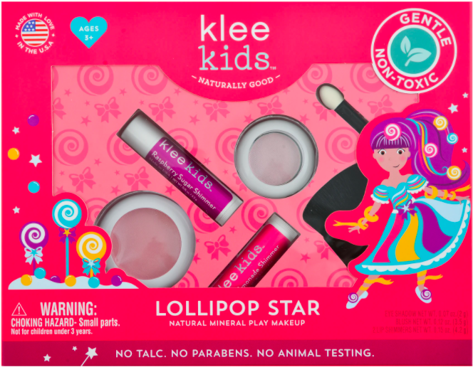 美國 Klee Kids - 糖果明星彩妝組-芭比粉礦物眼影盒(2g)+櫻花粉礦物腮紅盒(3.5g)+粉檸檬亮光潤唇膏(4.2g)+寶貝紅亮光潤唇膏(4.2g)+雙頭眼影棒+腮紅刷(共6件)