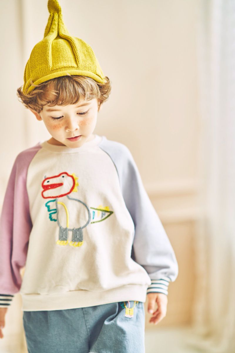 韓國 Mimico - 童趣拼色胖胖恐龍T-粉紅X灰