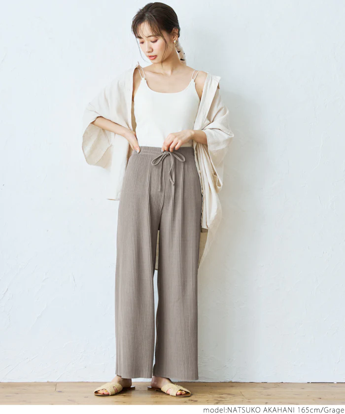 日本 COCA - [熱銷定番] 速乾垂墜彈性風琴寬褲-四季媽媽款-芥末黃