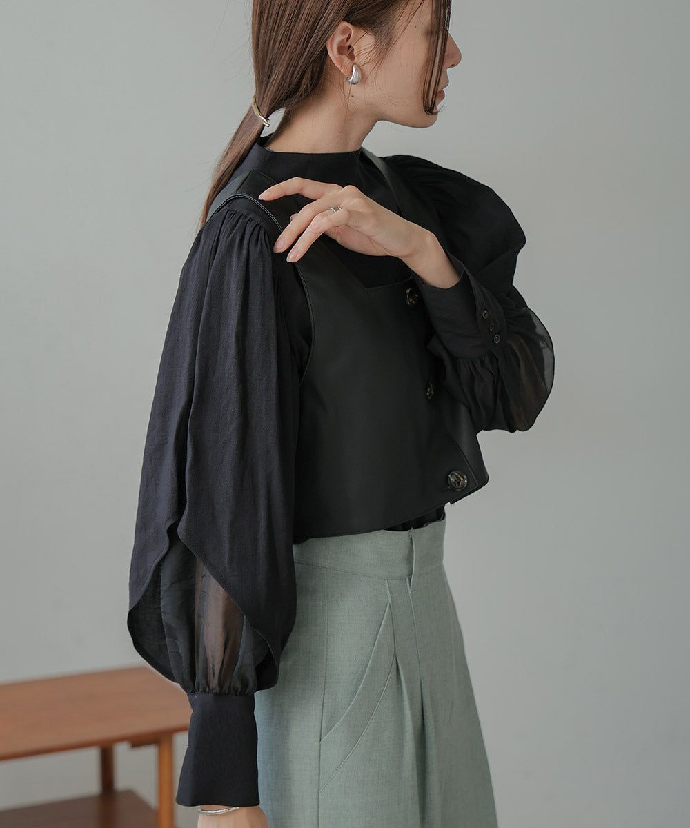 日本 Bab - 柔美紗拼接袖雪紡上衣-深可可