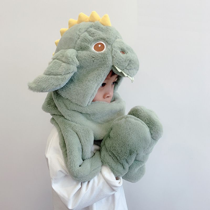 毛絨絨圍脖手套一體帽-卡其色 ((建議5歲-12歲))