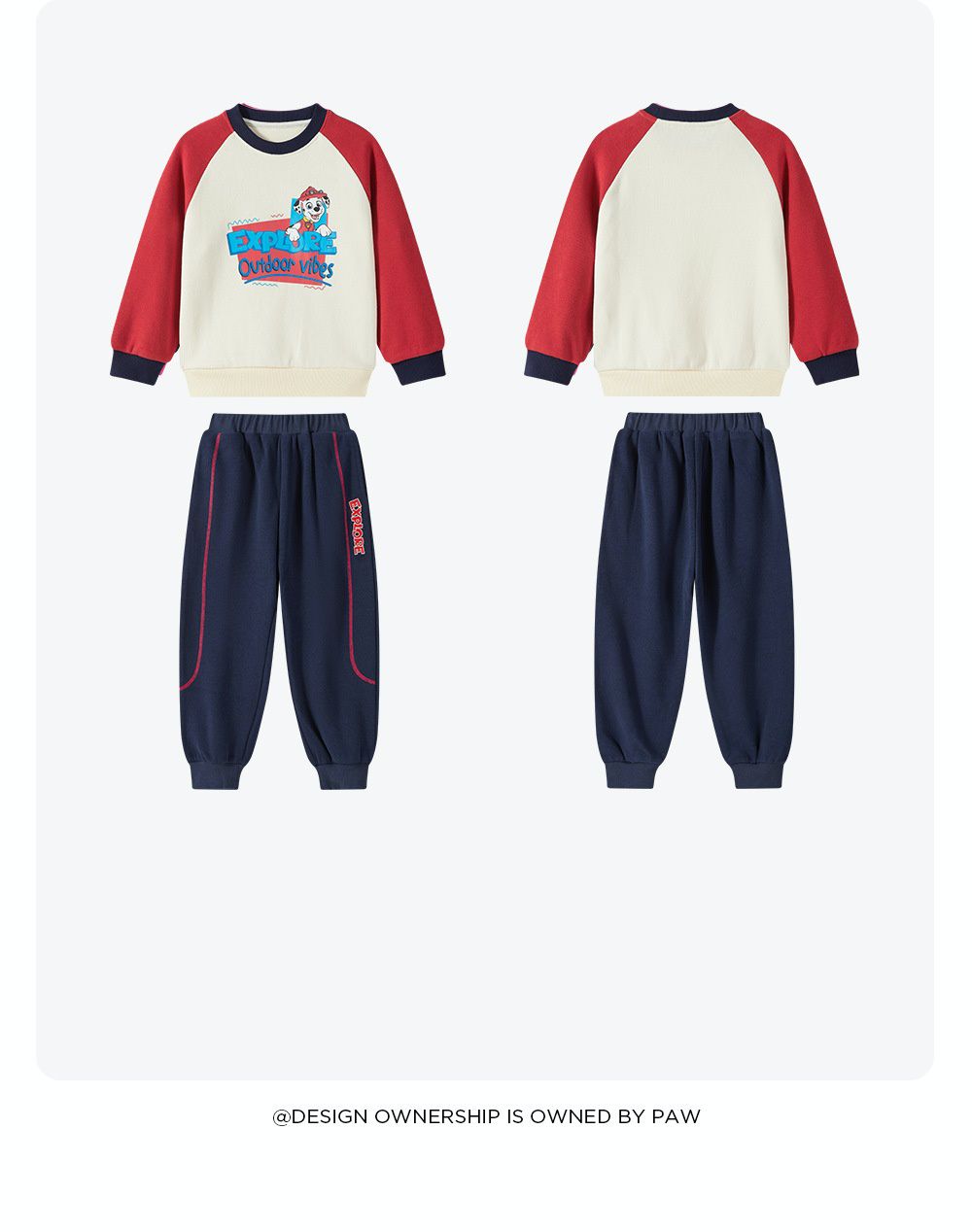 卡通汪汪隊圓領拼色長袖套裝-卡通人物阿奇-黃+深藍