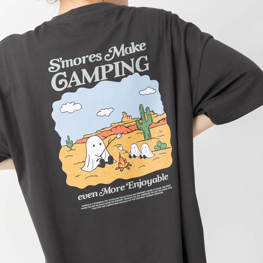 俏皮露營幽靈印花寬大風T恤-炭灰