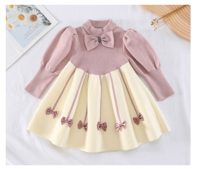 加絨針織半高領連身裙-蝴蝶結-粉+米白