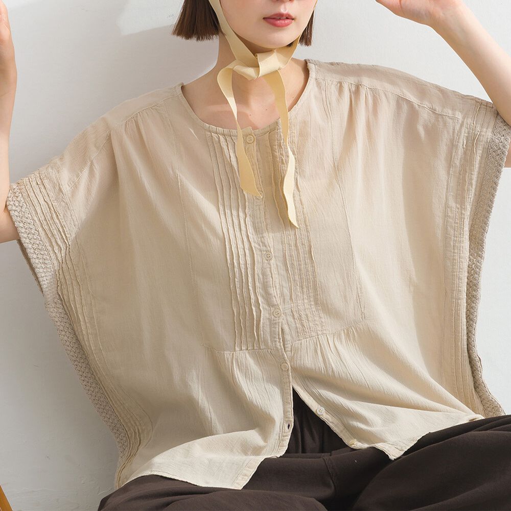 100%印度棉 雙面穿簡約皺摺短袖上衣-淺卡其