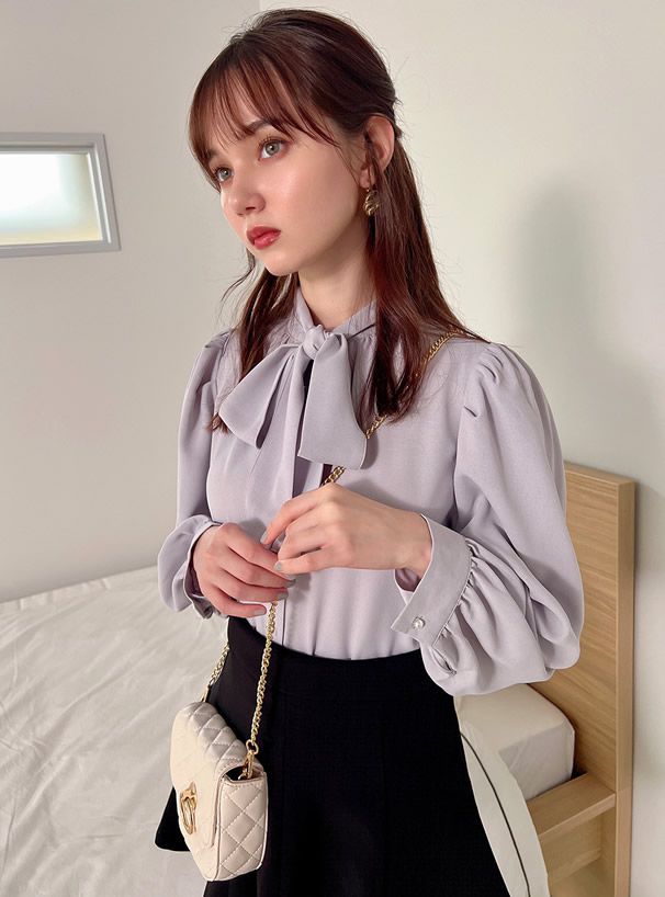 日本 GRL - 優雅扭結雪紡長袖上衣-簡約黑