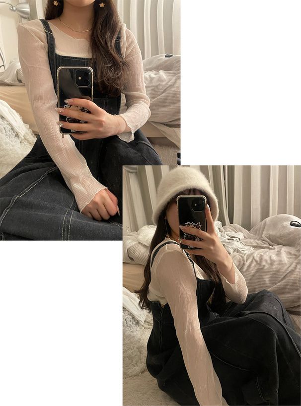 日本 GRL - 木耳領透膚長袖上衣-灰棕