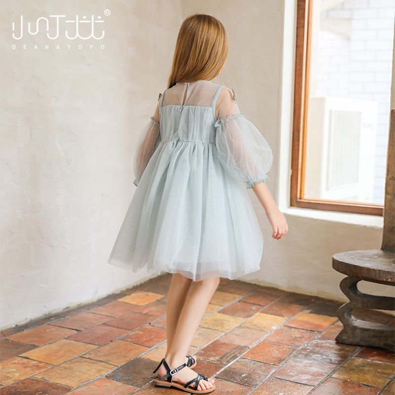 Little Deeyoo - 小仙女七分袖網紗連身洋裝-立體蝴蝶-藍色