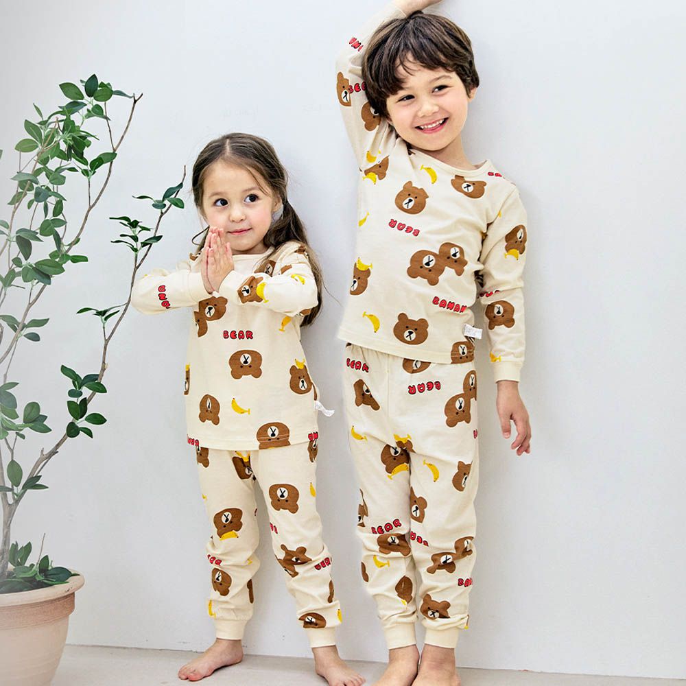 細緻柔棉薄長袖家居服-香蕉熊熊-米黃