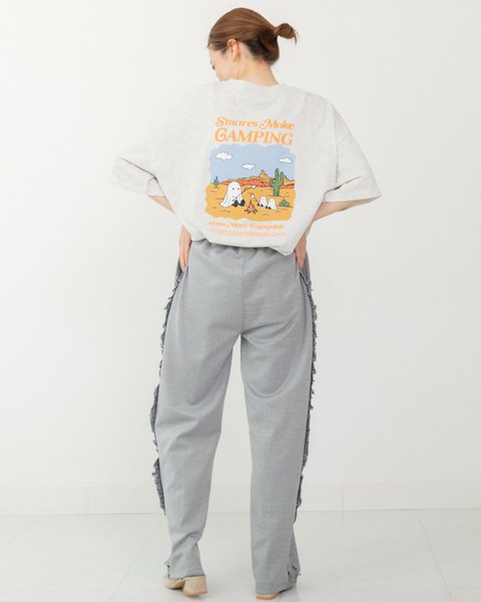 日本 gleam - 俏皮露營幽靈印花寬大風T恤-炭灰