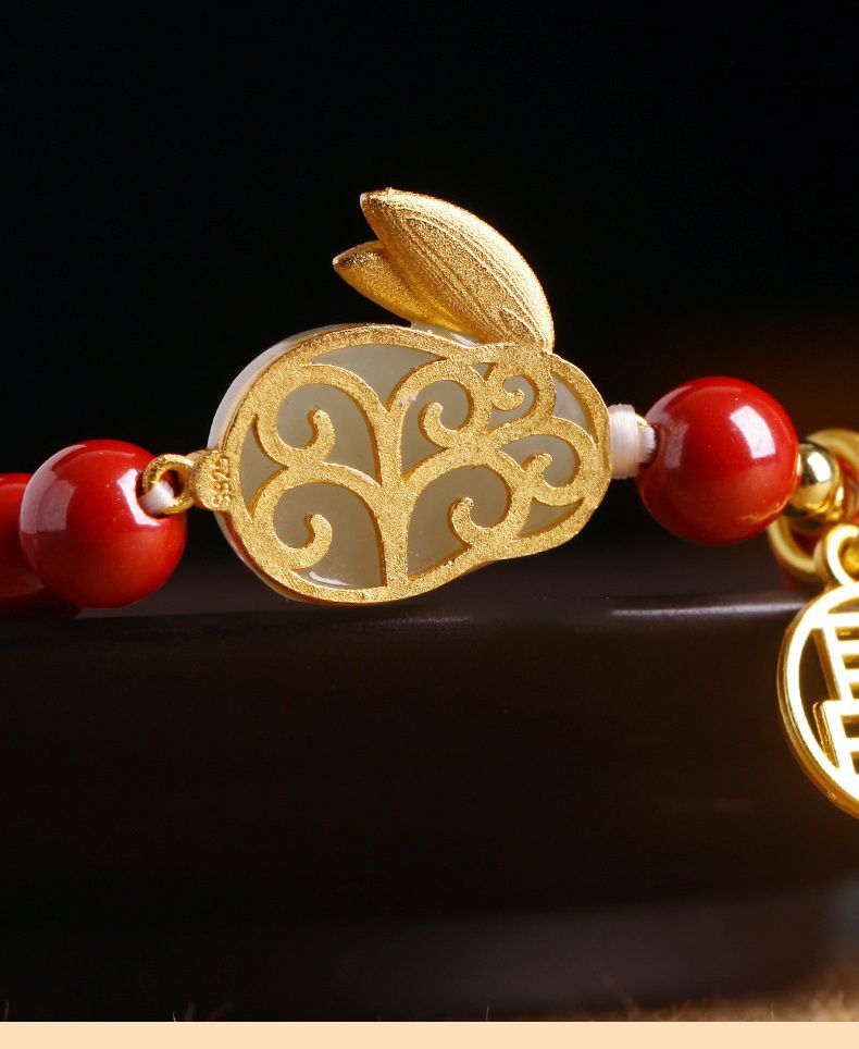 S925銀珠沙玉兔手鍊-8MM紫金砂