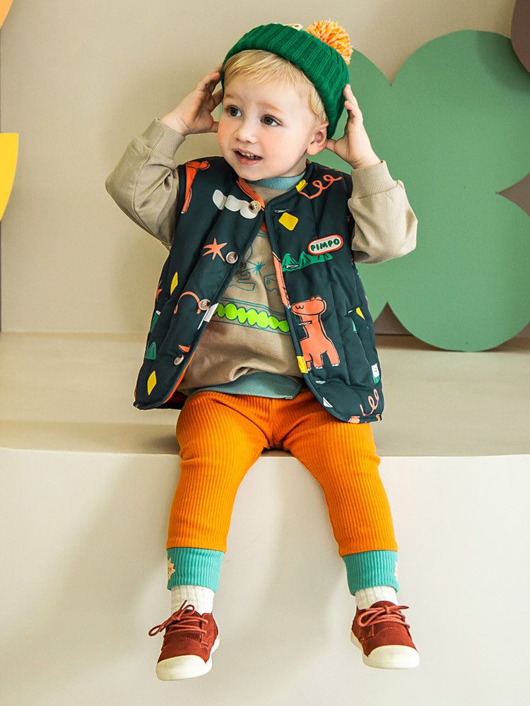 韓國Pimpollo - 手繪風自信恐龍保暖背心-灰