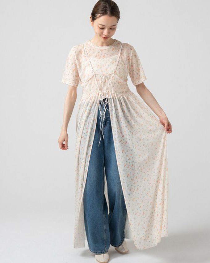 日本 gleam - 前後2way浪漫小花細肩帶薄紗洋裝-水藍