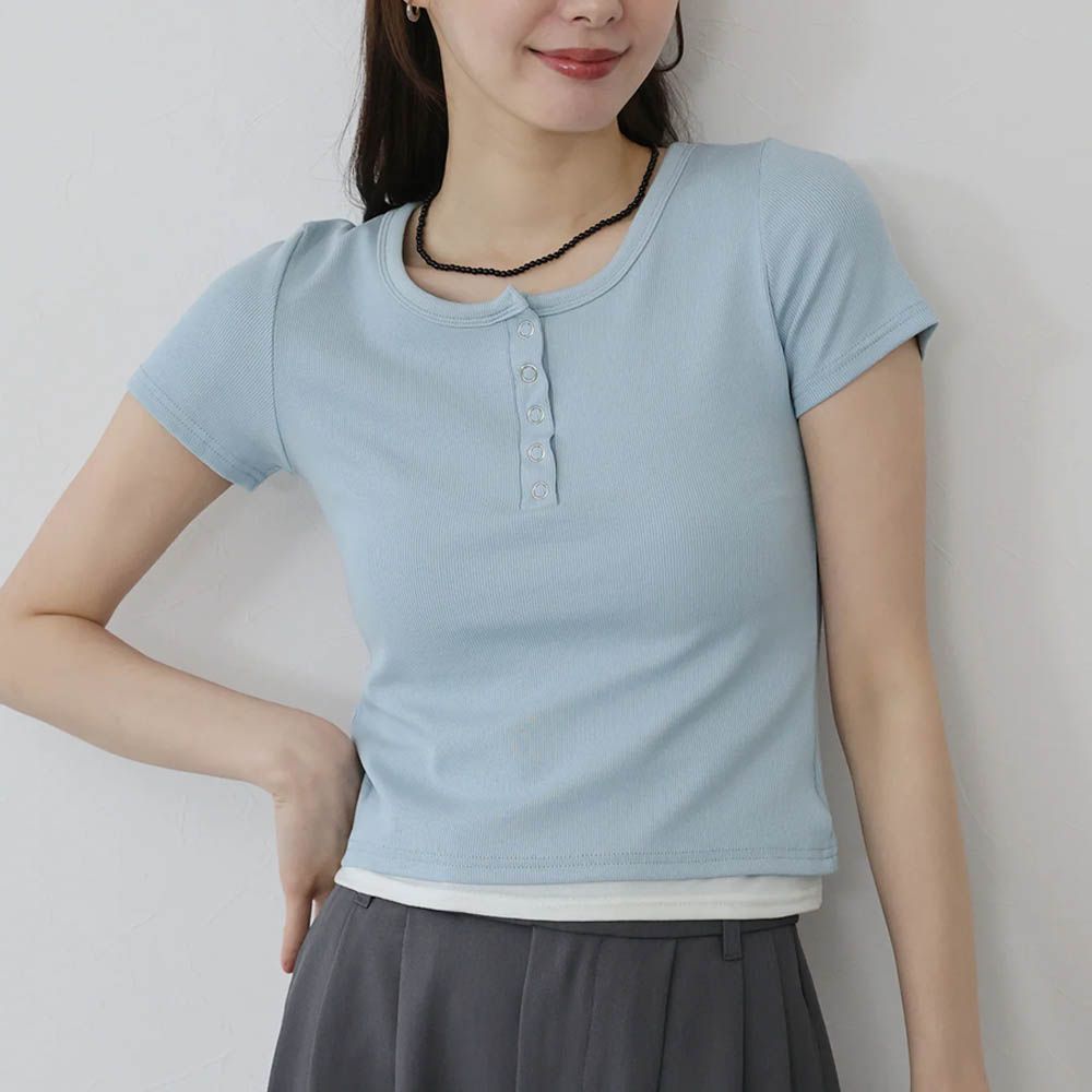 亨利領合身美型短袖上衣-水藍