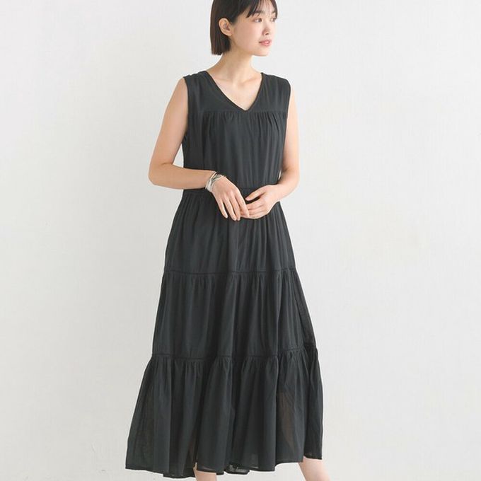 日本 OMNES - 100%印度棉 巴里紗分層V領無袖洋裝-咖啡