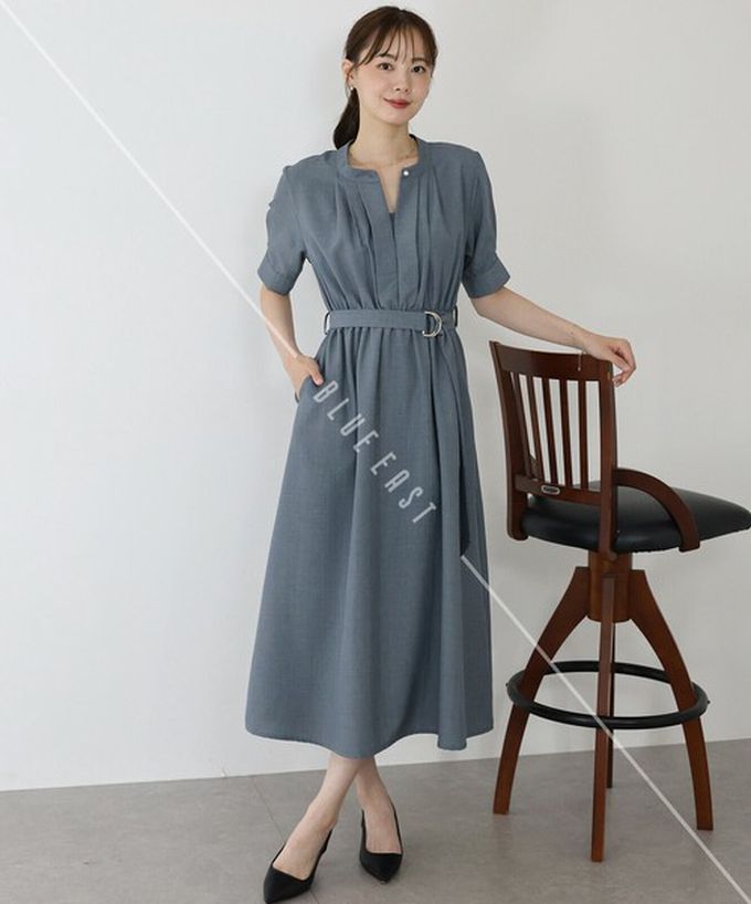 日本 BLUE EAST - 優雅打褶2way領束腰短袖洋裝-灰藍