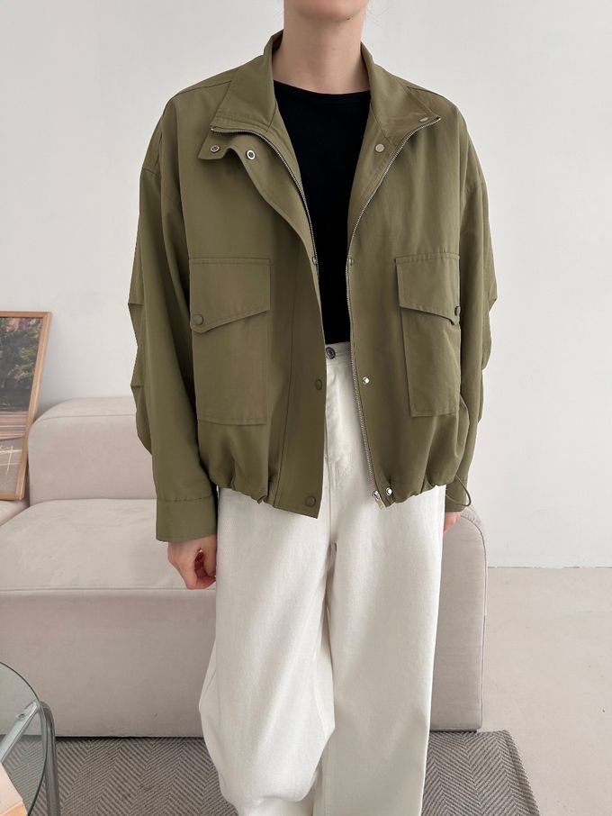 韓國女裝連線 - 秋季必備！短版風衣外套-軍綠 (FREE)