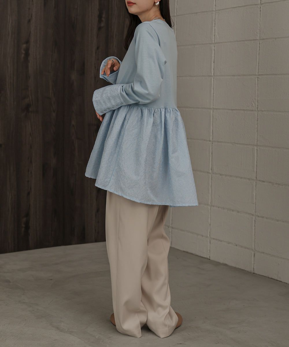 日本 Bab - 優美緹花拼接長袖上衣-水藍