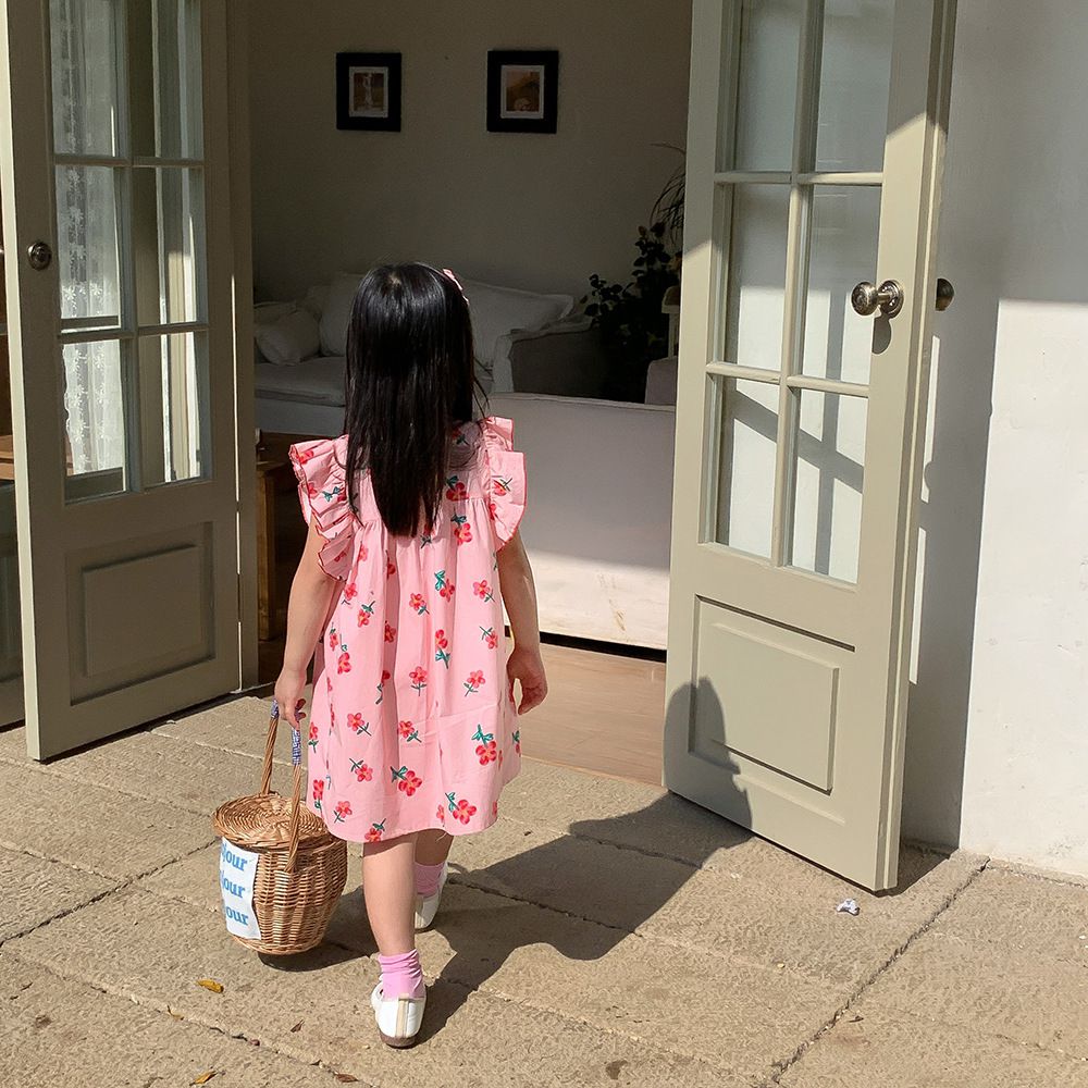 浪漫荷葉袖棉質連身洋裝-繽紛愛心-白色